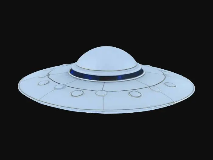 3D model for A sleek 3D model of a classic UFO (flying saucer) with a metallic, reflective surface. The saucer should have a smooth, disk-like body with a glowing dome on top, subtle alien technology details, and a ring of soft blue lights around the bottom edge. Style should be realistic but slightly stylized for a sci-fi feel. Clean geometry, ideal for use in games or animation.