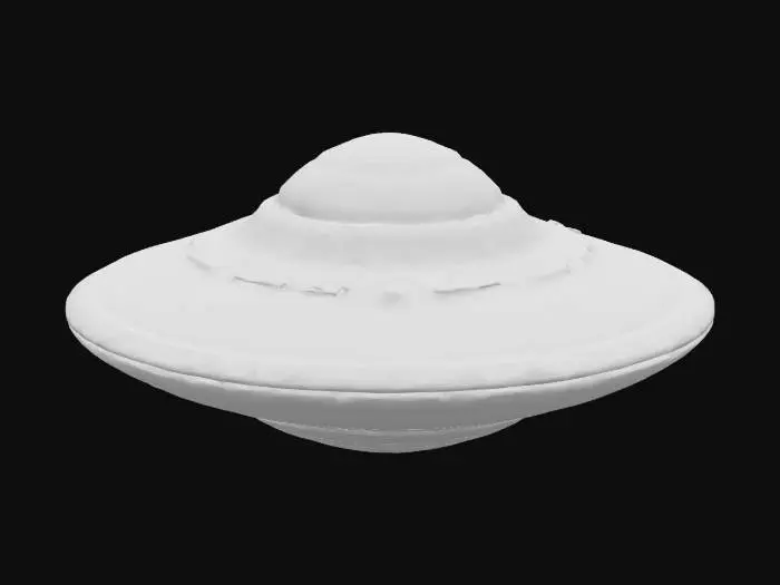 3D model for A sleek 3D model of a classic UFO (flying saucer) with a metallic, reflective surface. The saucer should have a smooth, disk-like body with a glowing dome on top, subtle alien technology details, and a ring of soft blue lights around the bottom edge. Style should be realistic but slightly stylized for a sci-fi feel. Clean geometry, ideal for use in games or animation.