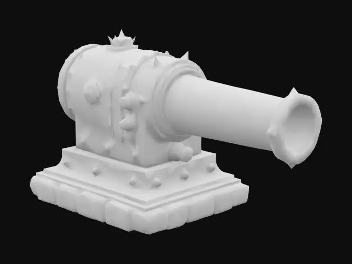 3D model for A big, chunky magitek stationary cannon, without any wheels, solid base, carved from magi-conductive stone. No background, with very long integrated muzzle.