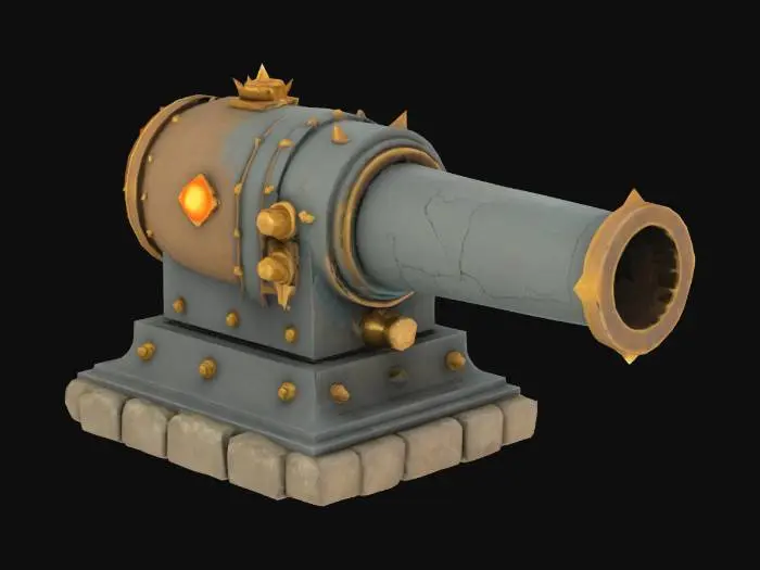 3D model for A big, chunky magitek stationary cannon, without any wheels, solid base, carved from magi-conductive stone. No background, with very long integrated muzzle.