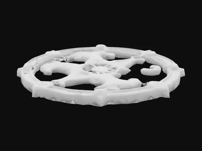 3D model for A single glowing magitek rune etched into aged brass. It glows with soft turquoise light and blends arcane curves with mechanical symmetry. Ancient, experimental design. Displayed on a plain or transparent background.