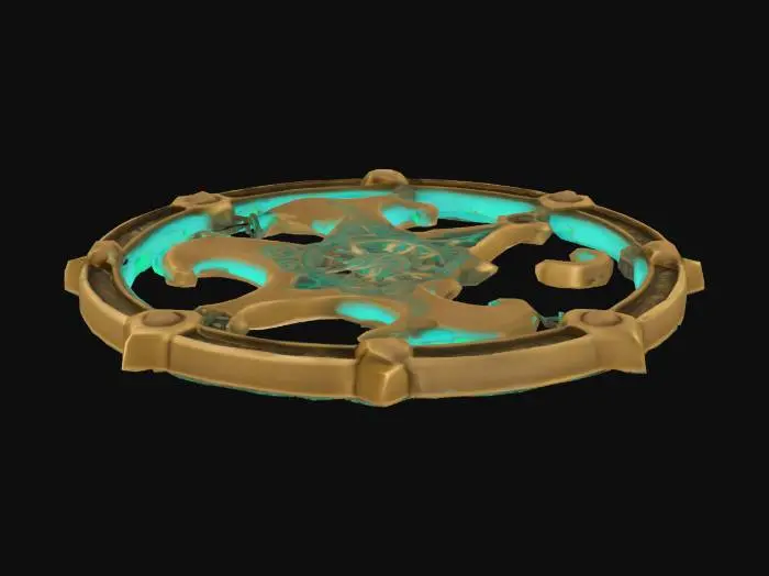 3D model for A single glowing magitek rune etched into aged brass. It glows with soft turquoise light and blends arcane curves with mechanical symmetry. Ancient, experimental design. Displayed on a plain or transparent background.