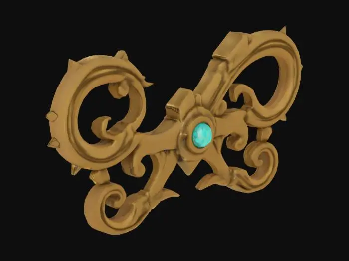 3D model for A single glowing magitek rune etched into aged brass. It glows with soft turquoise light and blends arcane curves with mechanical symmetry. Ancient, experimental design. Displayed on a plain or transparent background.