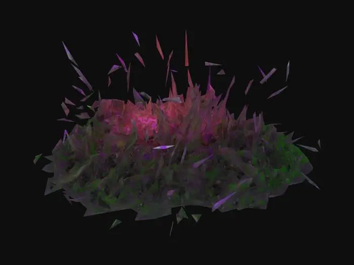 3D model for Blighted, corrupted grass with dark, brittle blades tinged with sickly purple or green. Patches glow faintly or ooze with toxic fluid. Some blades twist unnaturally, as if warped by dark magic. The ground beneath is cracked or slimy, radiating a cursed, unnatural aura. Horror-fantasy style, eerie and diseased.