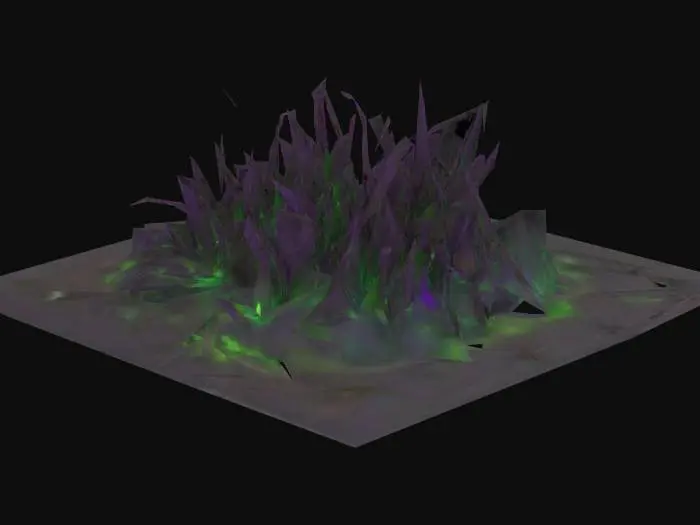 3D model for Blighted, corrupted grass with dark, brittle blades tinged with sickly purple or green. Patches glow faintly or ooze with toxic fluid. Some blades twist unnaturally, as if warped by dark magic. The ground beneath is cracked or slimy, radiating a cursed, unnatural aura. Horror-fantasy style, eerie and diseased.