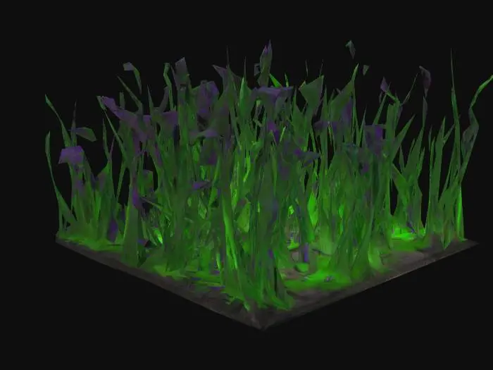 3D model for Blighted, corrupted grass with dark, brittle blades tinged with sickly purple or green. Patches glow faintly or ooze with toxic fluid. Some blades twist unnaturally, as if warped by dark magic. The ground beneath is cracked or slimy, radiating a cursed, unnatural aura. Horror-fantasy style, eerie and diseased.