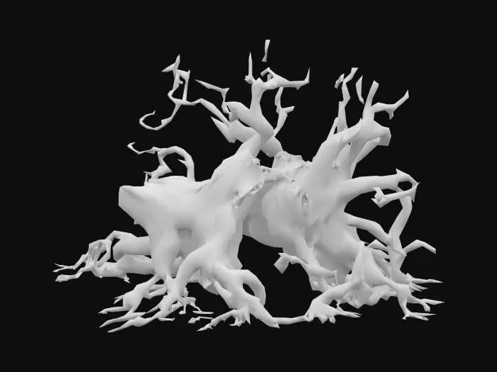 3D model for Twisted, corrupted roots snaking across the ground or emerging from soil. Dark, gnarled wood with glowing red or green veins, pulsing as if alive. Some roots split open, oozing black ichor or mist. They writhe like tendrils, corrupted by dark magic. Horror-fantasy style, eerie and unnatural.