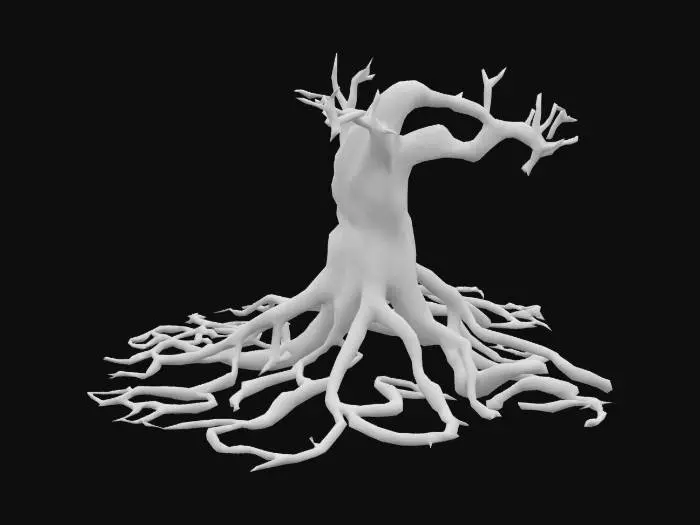 3D model for Twisted, corrupted roots snaking across the ground or emerging from soil. Dark, gnarled wood with glowing red or green veins, pulsing as if alive. Some roots split open, oozing black ichor or mist. They writhe like tendrils, corrupted by dark magic. Horror-fantasy style, eerie and unnatural.