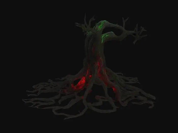 3D model for Twisted, corrupted roots snaking across the ground or emerging from soil. Dark, gnarled wood with glowing red or green veins, pulsing as if alive. Some roots split open, oozing black ichor or mist. They writhe like tendrils, corrupted by dark magic. Horror-fantasy style, eerie and unnatural.