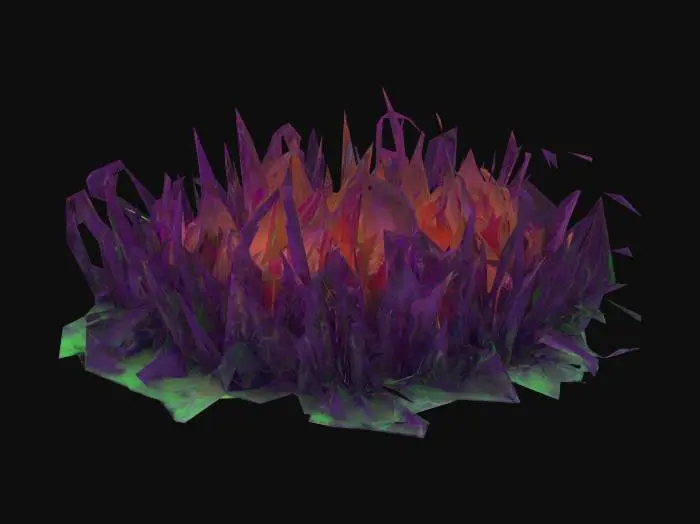 3D model for Blighted, corrupted grass with dark, brittle blades tinged with sickly purple or green. Patches glow faintly or ooze with toxic fluid. Some blades twist unnaturally, as if warped by dark magic. The ground beneath is cracked or slimy, radiating a cursed, unnatural aura. Horror-fantasy style, eerie and diseased.