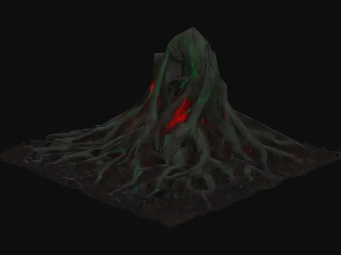 3D model for Twisted, corrupted roots snaking across the ground or emerging from soil. Dark, gnarled wood with glowing red or green veins, pulsing as if alive. Some roots split open, oozing black ichor or mist. They writhe like tendrils, corrupted by dark magic. Horror-fantasy style, eerie and unnatural.