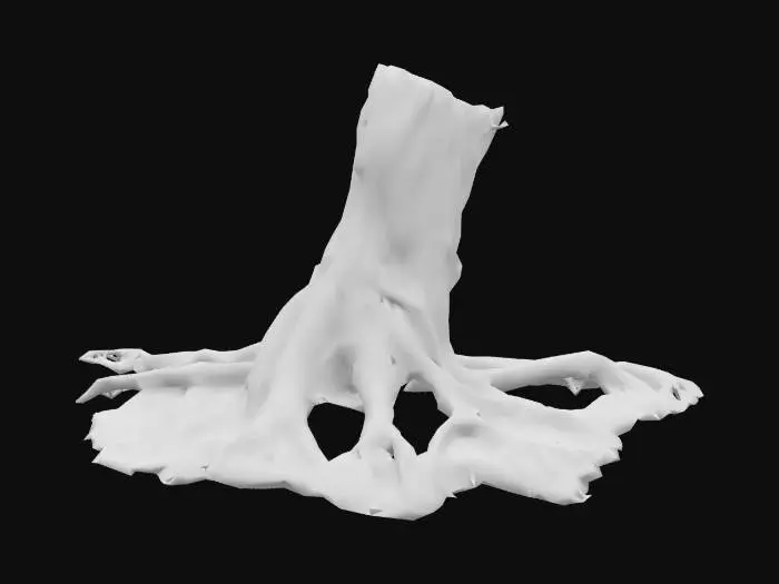 3D model for Twisted, corrupted roots snaking across the ground or emerging from soil. Dark, gnarled wood with glowing red or green veins, pulsing as if alive. Some roots split open, oozing black ichor or mist. They writhe like tendrils, corrupted by dark magic. Horror-fantasy style, eerie and unnatural.