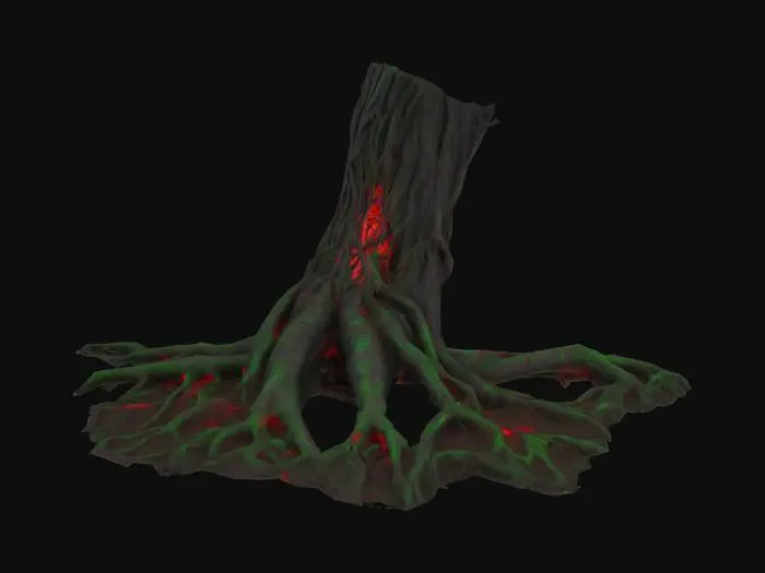 3D model for Twisted, corrupted roots snaking across the ground or emerging from soil. Dark, gnarled wood with glowing red or green veins, pulsing as if alive. Some roots split open, oozing black ichor or mist. They writhe like tendrils, corrupted by dark magic. Horror-fantasy style, eerie and unnatural.