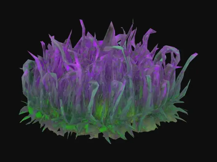 3D model for Blighted, corrupted grass with dark, brittle blades tinged with sickly purple or green. Patches glow faintly or ooze with toxic fluid. Some blades twist unnaturally, as if warped by dark magic. The ground beneath is cracked or slimy, radiating a cursed, unnatural aura. Horror-fantasy style, eerie and diseased.