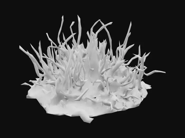 3D model for Blighted, corrupted grass with dark, brittle blades tinged with sickly purple or green. Patches glow faintly or ooze with toxic fluid. Some blades twist unnaturally, as if warped by dark magic. The ground beneath is cracked or slimy, radiating a cursed, unnatural aura. Horror-fantasy style, eerie and diseased.