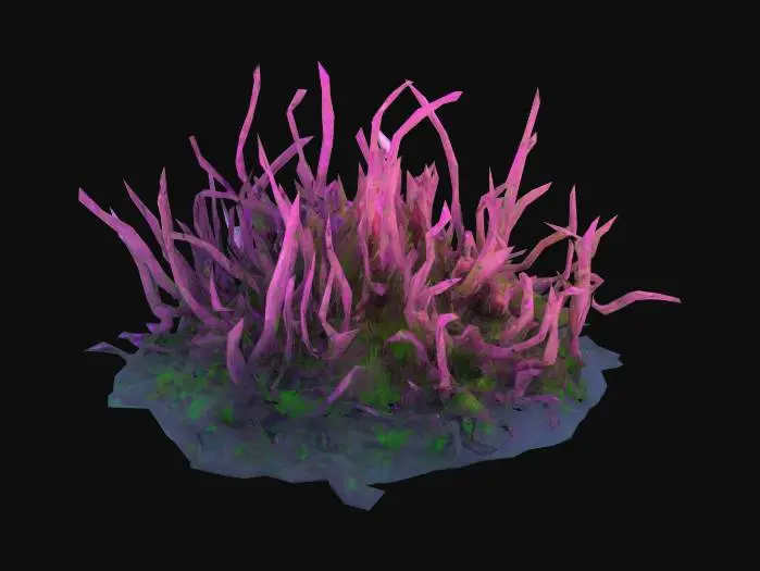 3D model for Blighted, corrupted grass with dark, brittle blades tinged with sickly purple or green. Patches glow faintly or ooze with toxic fluid. Some blades twist unnaturally, as if warped by dark magic. The ground beneath is cracked or slimy, radiating a cursed, unnatural aura. Horror-fantasy style, eerie and diseased.