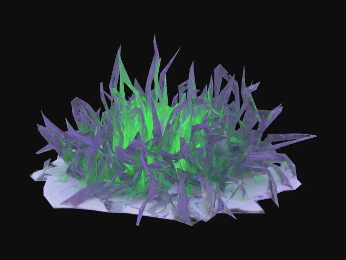 3D model for Blighted, corrupted grass with dark, brittle blades tinged with sickly purple or green. Patches glow faintly or ooze with toxic fluid. Some blades twist unnaturally, as if warped by dark magic. The ground beneath is cracked or slimy, radiating a cursed, unnatural aura. Horror-fantasy style, eerie and diseased.