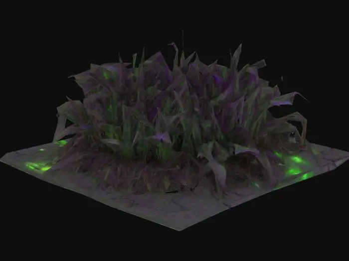 3D model for Blighted, corrupted grass with dark, brittle blades tinged with sickly purple or green. Patches glow faintly or ooze with toxic fluid. Some blades twist unnaturally, as if warped by dark magic. The ground beneath is cracked or slimy, radiating a cursed, unnatural aura. Horror-fantasy style, eerie and diseased.