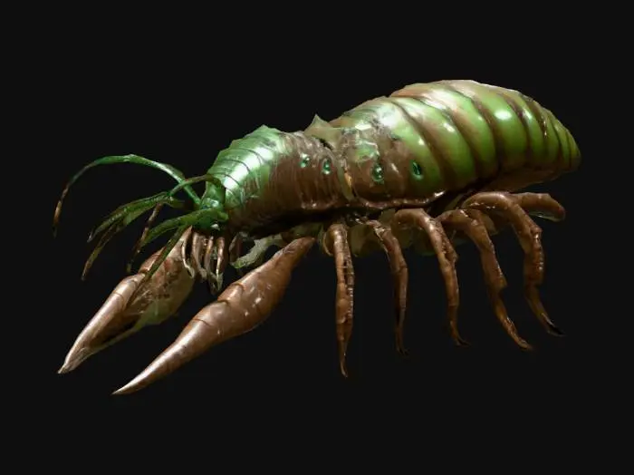 3D model for Giant monstrous centipede. Segmented armored body with glossy chitin. Sharp ridges along the back. Dozens of spiked clawed legs. Oversized mandibles with multiple eyes above. Long slimy tentacles emerging from mouth and thorax. Writhing motion, unnatural and alien. Dark brown and black exoskeleton with patches of green bioluminescence. Rough glossy texture, slimy details, dripping fluids. Horror mood, terrifying, monstrous, predatory. Realistic cinematic style, high detail creature design.
