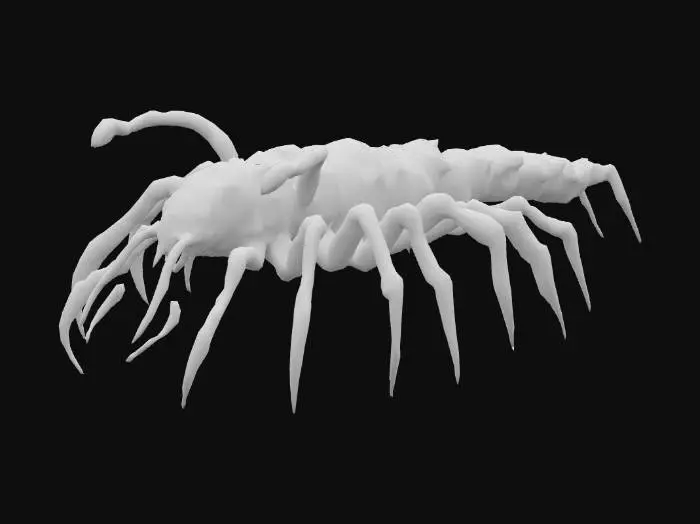 3D model for Giant monstrous centipede. Segmented armored body with glossy chitin. Sharp ridges along the back. Dozens of spiked clawed legs. Oversized mandibles with multiple eyes above. Long slimy tentacles emerging from mouth and thorax. Writhing motion, unnatural and alien. Dark brown and black exoskeleton with patches of green bioluminescence. Rough glossy texture, slimy details, dripping fluids. Horror mood, terrifying, monstrous, predatory. Realistic cinematic style, high detail creature design.
