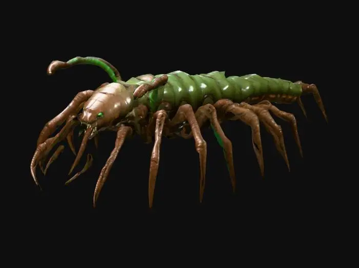 3D model for Giant monstrous centipede. Segmented armored body with glossy chitin. Sharp ridges along the back. Dozens of spiked clawed legs. Oversized mandibles with multiple eyes above. Long slimy tentacles emerging from mouth and thorax. Writhing motion, unnatural and alien. Dark brown and black exoskeleton with patches of green bioluminescence. Rough glossy texture, slimy details, dripping fluids. Horror mood, terrifying, monstrous, predatory. Realistic cinematic style, high detail creature design.
