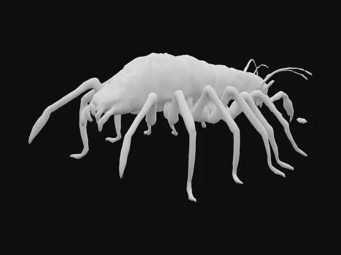 3D model for Giant monstrous centipede. Extremely elongated segmented body, stretching long and narrow like a worm. Dozens of thin insect legs running along both sides, evenly spaced. Each leg sharp, clawed, jointed, moving in waves. Glossy armored chitin covering every segment. Head small compared to body, with many eyes and sharp biting mandibles, not crab claws. Long slimy tentacles emerging from mouth and thorax, writhing and reaching. Texture rough, glossy, slimy fluids. Dark brown and black body, faint green bioluminescent glow between segments. Horror tone, unnatural predator. Realistic, cinematic detail.
