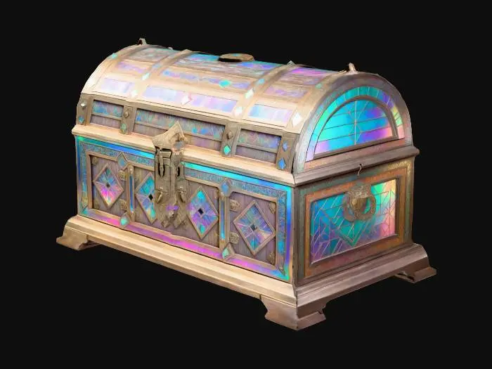 3D model for a large, ornate chest with shifting geometric patterns and metallic inlays that shimmer with iridescent colors.