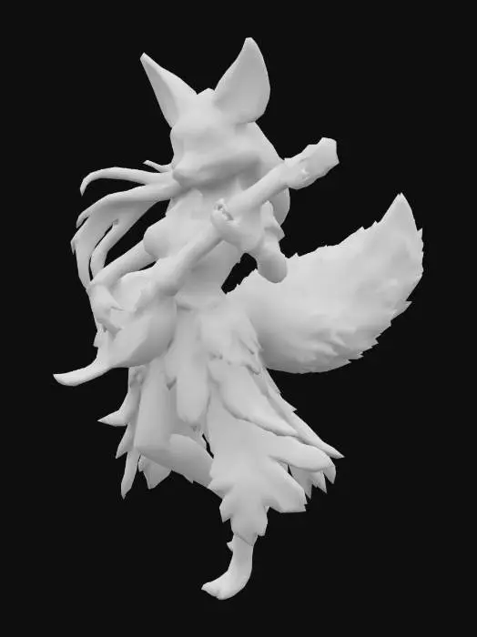 3D model for Серый антропоморфный лис, самка, с синими глазами, в одежде из листьев, с длинными волосами, с древней лютней, танцует в лесу.