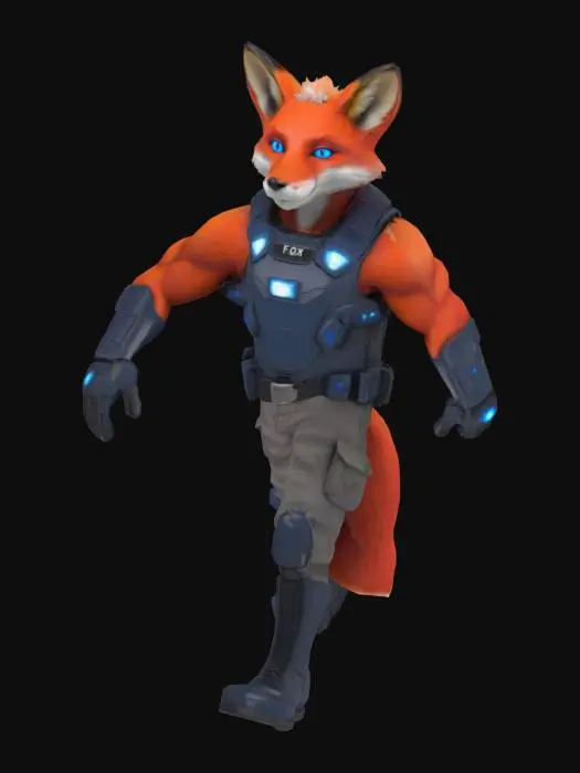 3D model for Red male anthropomorphic fox, with blue eyes, policemen, from shi-fi setting. Future police outfit.