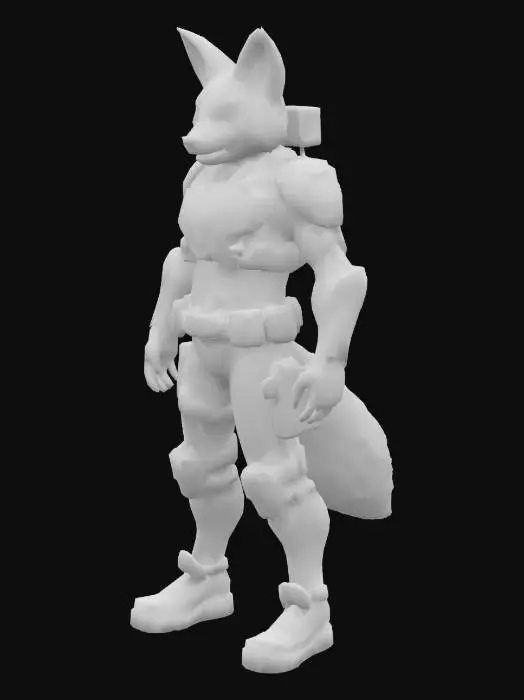 3D model for A full-body anthropomorphic red fox police officer from the Tyndarus Police Department, standing in a cyberpunk city. He is wearing futuristic tactical armor, reinforced with glowing neon blue plating and the official Tyndarus PD emblem on his chest and shoulder. His muscular yet sleek physique is covered in high-tech protective gear, including a reinforced utility belt with a plasma stun baton, holographic scanner, and wrist communicator. His legs are structured with digitigrade anatomy, making him agile and swift, fitted with armored police boots. His tail is bushy but partially armored, trailing behind his strong stance. His helmet integrates a HUD display, scanning the crime-ridden dystopian streets.