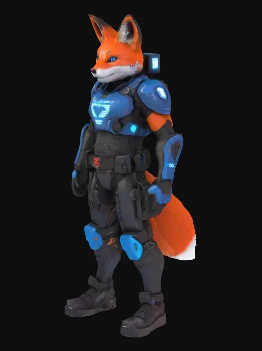 3D model for A full-body anthropomorphic red fox police officer from the Tyndarus Police Department, standing in a cyberpunk city. He is wearing futuristic tactical armor, reinforced with glowing neon blue plating and the official Tyndarus PD emblem on his chest and shoulder. His muscular yet sleek physique is covered in high-tech protective gear, including a reinforced utility belt with a plasma stun baton, holographic scanner, and wrist communicator. His legs are structured with digitigrade anatomy, making him agile and swift, fitted with armored police boots. His tail is bushy but partially armored, trailing behind his strong stance. His helmet integrates a HUD display, scanning the crime-ridden dystopian streets.