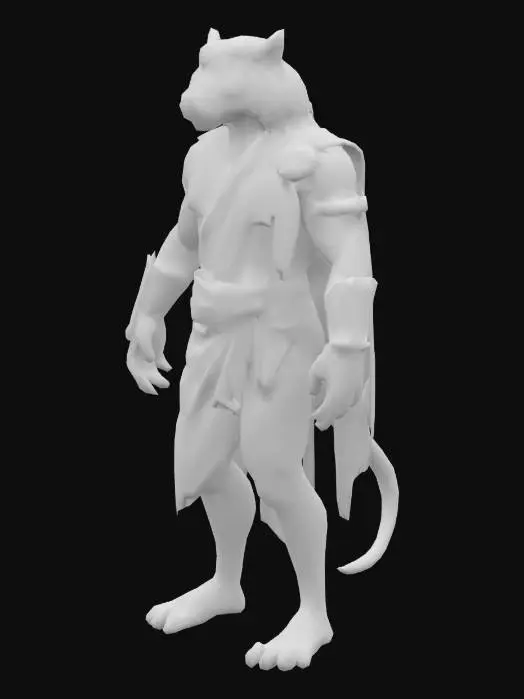 3D model for Slender anthropomorphic tiger male with green eyes and black shaggy hair wearing a black toga with golden greek highlights on the hems, he wears a silver threaded leather shoulder pad on his right shoulder with further leather armoring along the right arm, his right forearm is covered in a marble like glove that helps him manipulate magitech