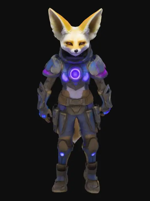 3D model for Anthropomorphic fennec fox, mid-40s, with sandy fur and large ears. Wears battle-worn magitech armor with glowing blue-violet interface panels and faint arcane circuit patterns. Armor is cracked, scorched, and crystal-lined; hints of blood on fur. Eyes sharp, expression dry and calculating. Subtle electric effects around him—ozone shimmer, blue sparks. Style is fantasy-sci-fi hybrid, game-ready. Not a front-line fighter—looks like a strategist or support mage. Include magical aura or shield shimmer. Optional: hazy magitech city or corrupted jungle ruins in background.