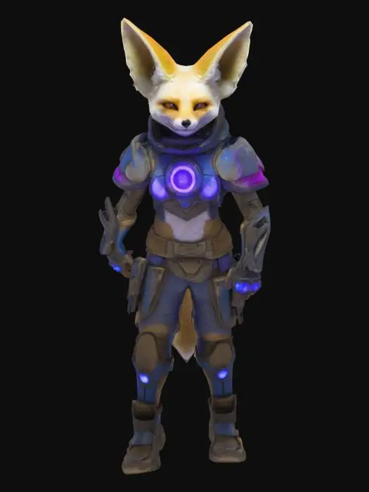 3D model for Anthropomorphic fennec fox, mid-40s, with sandy fur and large ears. Wears battle-worn magitech armor with glowing blue-violet interface panels and faint arcane circuit patterns. Armor is cracked, scorched, and crystal-lined; hints of blood on fur. Eyes sharp, expression dry and calculating. Subtle electric effects around him—ozone shimmer, blue sparks. Style is fantasy-sci-fi hybrid, game-ready. Not a front-line fighter—looks like a strategist or support mage. Include magical aura or shield shimmer. Optional: hazy magitech city or corrupted jungle ruins in background.