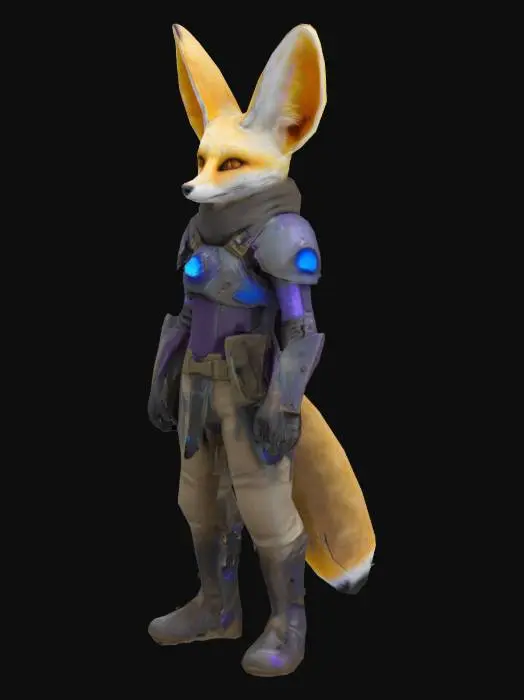 3D model for Anthropomorphic fennec fox, mid-40s, with sandy fur and large ears. Wears battle-worn magitech armor with glowing blue-violet interface panels and faint arcane circuit patterns. Armor is cracked, scorched, and crystal-lined; hints of blood on fur. Eyes sharp, expression dry and calculating. Subtle electric effects around him—ozone shimmer, blue sparks. Style is fantasy-sci-fi hybrid, game-ready. Not a front-line fighter—looks like a strategist or support mage. Include magical aura or shield shimmer. Optional: hazy magitech city or corrupted jungle ruins in background.