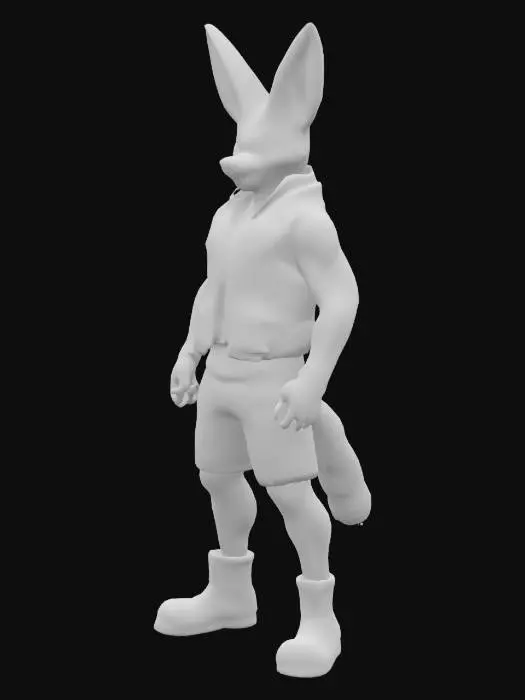 3D model for A muscular anthropomorphic fennec fox bouncer standing in a confident pose. He has large ears, natural desert-colored fur (tan, sandy brown, and white), short muzzle, and sharp amber eyes. His body is powerfully built with visible muscles under his fur. He wears futuristic security armor mixed with casual sci-fi nightclub fashion: a sleek black vest with glowing blue accents, reinforced boots, utility belt, and a comm earpiece. His arms are bare to show off his strength, and he has a serious, alert expression. The setting is a cyberpunk-style sci-fi nightclub entrance, with neon lights reflecting off his outfit.