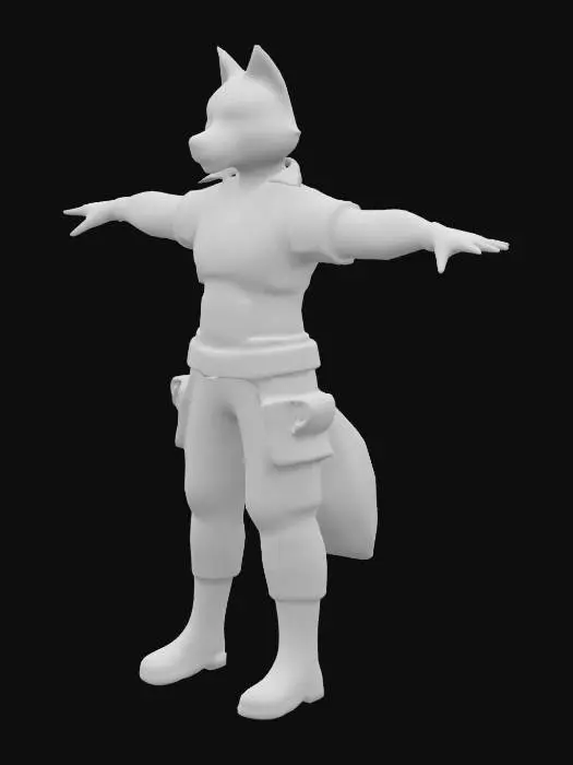 3D model for A gritty sci-fi town policeman in T-pose, named Inspector Kael Drennar. He is a 42-year-old anthropomorphic red fox with blue eyes. His red fur is slightly grizzled from age. He wears worn, navy-blue futuristic police armor with reinforced panels, a visible old-style badge pinned to the chestplate, and utility belts around his waist. His expression is serious and hardened. The armor has a retro yet functional design, hinting at years of service. His build is lean and athletic. Background should be neutral, model posed in standard T-pose. Sci-fi, cyberpunk style, suitable for a corporate-run galactic core planet.