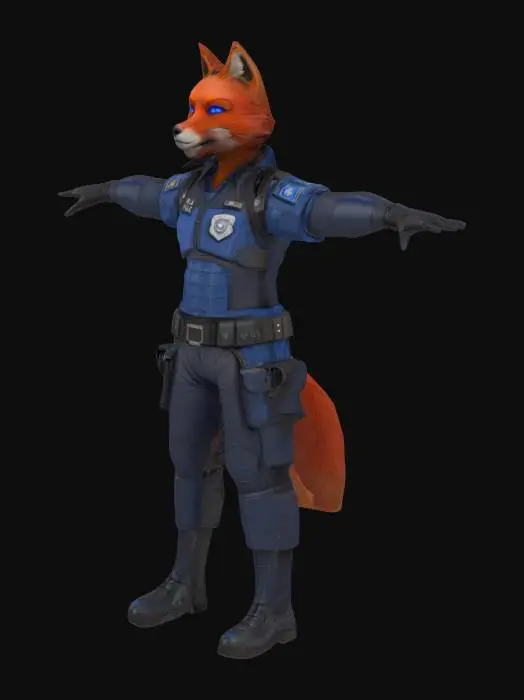 3D model for A gritty sci-fi town policeman in T-pose, named Inspector Kael Drennar. He is a 42-year-old anthropomorphic red fox with blue eyes. His red fur is slightly grizzled from age. He wears worn, navy-blue futuristic police armor with reinforced panels, a visible old-style badge pinned to the chestplate, and utility belts around his waist. His expression is serious and hardened. The armor has a retro yet functional design, hinting at years of service. His build is lean and athletic. Background should be neutral, model posed in standard T-pose. Sci-fi, cyberpunk style, suitable for a corporate-run galactic core planet.