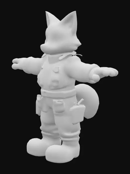 3D model for Anthropomorphic red fox policeman in T-pose. Character is Inspector Kael Drennar, a 42-year-old veteran cop from a sci-fi world. He stands in a standard T-pose with arms straight out horizontally. Lean build, red fur with a few grey streaks, blue eyes, and a serious, weathered expression. Wears worn navy-blue futuristic police armor with reinforced panels and an old-fashioned metal badge on the chestplate. His gear includes utility belts, a shoulder radio, and retro-styled tech details. Armor looks functional and battle-worn. Gritty, cyberpunk aesthetic suited for a corporate-run planet in the galactic core. Background should be neutral. Prioritize clean T-pose for 3D modeling.