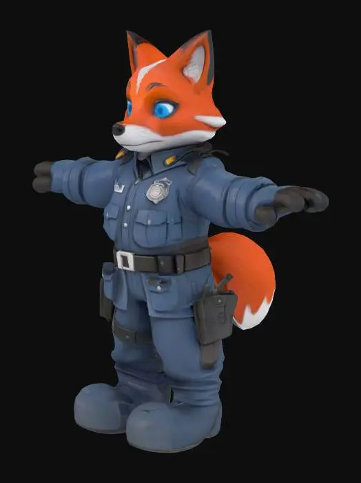 3D model for Anthropomorphic red fox policeman in T-pose. Character is Inspector Kael Drennar, a 42-year-old veteran cop from a sci-fi world. He stands in a standard T-pose with arms straight out horizontally. Lean build, red fur with a few grey streaks, blue eyes, and a serious, weathered expression. Wears worn navy-blue futuristic police armor with reinforced panels and an old-fashioned metal badge on the chestplate. His gear includes utility belts, a shoulder radio, and retro-styled tech details. Armor looks functional and battle-worn. Gritty, cyberpunk aesthetic suited for a corporate-run planet in the galactic core. Background should be neutral. Prioritize clean T-pose for 3D modeling.