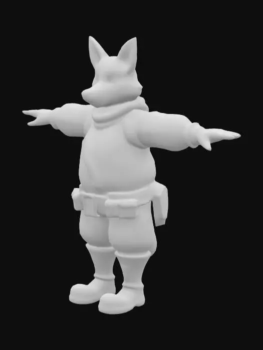 3D model for Anthropomorphic red fox policeman in T-pose. Character is Inspector Kael Drennar, a 42-year-old veteran cop from a sci-fi world. He stands in a standard T-pose with arms straight out horizontally. Lean build, red fur with a few grey streaks, blue eyes, and a serious, weathered expression. Wears worn navy-blue futuristic police armor with reinforced panels and an old-fashioned metal badge on the chestplate. His gear includes utility belts, a shoulder radio, and retro-styled tech details. Armor looks functional and battle-worn. Gritty, cyberpunk aesthetic suited for a corporate-run planet in the galactic core. Background should be neutral. Prioritize clean T-pose for 3D modeling.