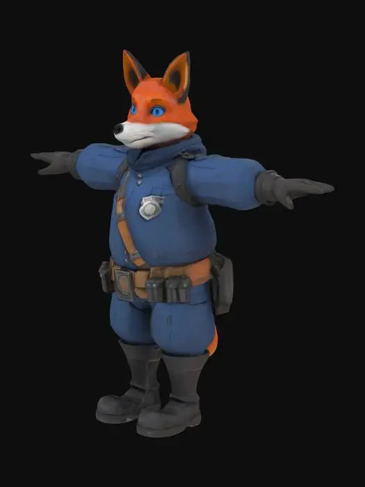 3D model for Anthropomorphic red fox policeman in T-pose. Character is Inspector Kael Drennar, a 42-year-old veteran cop from a sci-fi world. He stands in a standard T-pose with arms straight out horizontally. Lean build, red fur with a few grey streaks, blue eyes, and a serious, weathered expression. Wears worn navy-blue futuristic police armor with reinforced panels and an old-fashioned metal badge on the chestplate. His gear includes utility belts, a shoulder radio, and retro-styled tech details. Armor looks functional and battle-worn. Gritty, cyberpunk aesthetic suited for a corporate-run planet in the galactic core. Background should be neutral. Prioritize clean T-pose for 3D modeling.