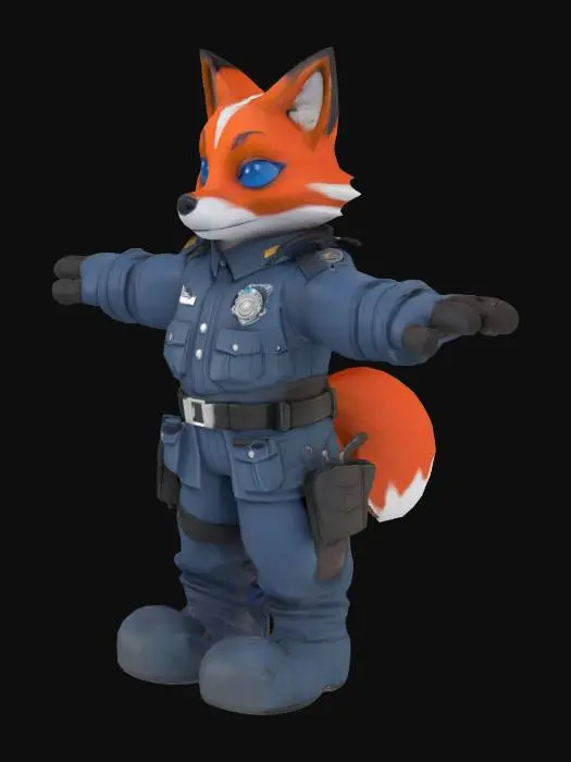 3D model for Anthropomorphic red fox policeman in T-pose. Character is Inspector Kael Drennar, a 42-year-old veteran cop from a sci-fi world. He stands in a standard T-pose with arms straight out horizontally. Lean build, red fur with a few grey streaks, blue eyes, and a serious, weathered expression. Wears worn navy-blue futuristic police armor with reinforced panels and an old-fashioned metal badge on the chestplate. His gear includes utility belts, a shoulder radio, and retro-styled tech details. Armor looks functional and battle-worn. Gritty, cyberpunk aesthetic suited for a corporate-run planet in the galactic core. Background should be neutral. Prioritize clean T-pose for 3D modeling.