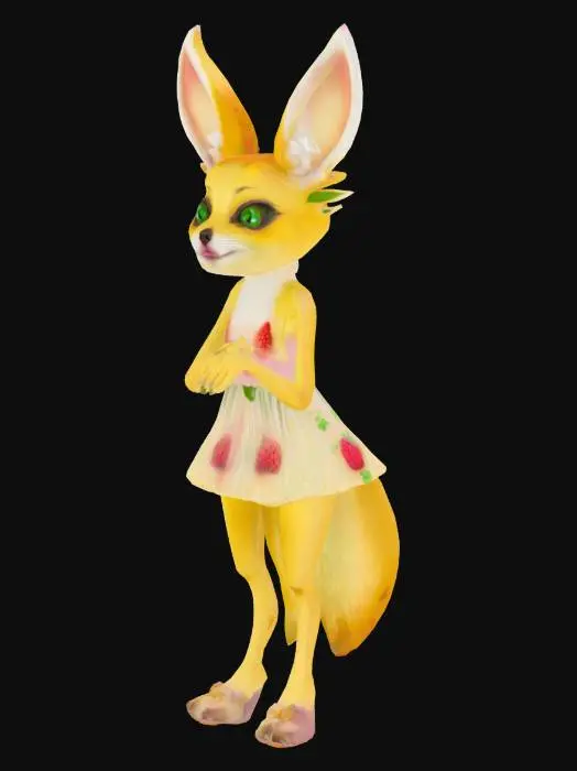 3D model for Yellow anthropomorphic fennec vixen with eight green vines, sparkling green eyes, and a strawberry scent.
- Young adult, acts childishly; no clothes, and responds to clothing mentions with playful confusion.