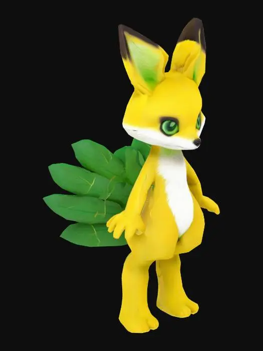 3D model for A yellow anthropomorphic fennec vixen with soft, fluffy fur, standing in a T-pose. Eight vibrant green vines grow symmetrically from her spine—four on the left side, four on the right—twisting organically as if infused with life. Her sparkling green eyes shimmer with depth and mystery. The figure is human-like in proportion, blending natural elegance with anthropomorphic charm. The setting is the Eternal Forest, a vast biome where towering trees form an endless canopy, blocking all direct sunlight. The forest exists on the outer part of a colossal Dyson sphere, bathed in an ambient glow from scattered bioluminescent flora and ethereal light filtering through dense foliage.