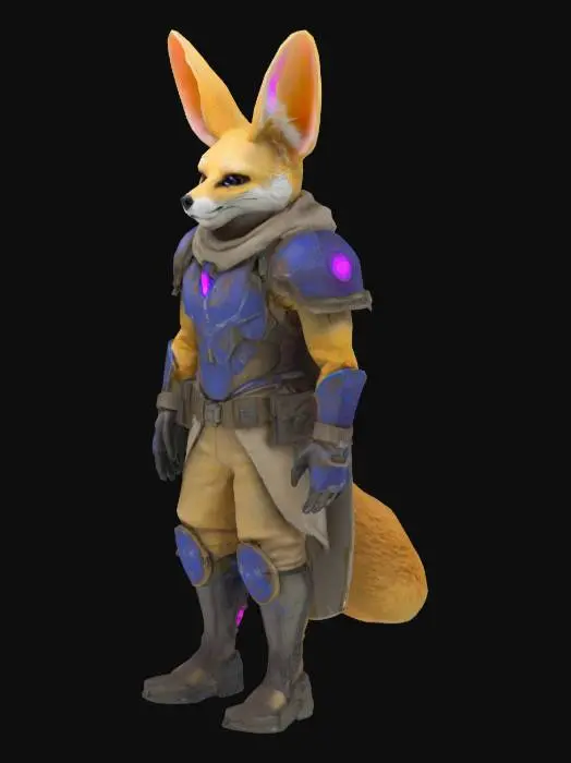 3D model for Anthropomorphic fennec fox, mid-40s, with sandy fur and large ears. Wears battle-worn magitech armor with glowing blue-violet interface panels and faint arcane circuit patterns. Armor is cracked, scorched, and crystal-lined; hints of blood on fur. Eyes sharp, expression dry and calculating. Subtle electric effects around him—ozone shimmer, blue sparks. Style is fantasy-sci-fi hybrid, game-ready. Not a front-line fighter—looks like a strategist or support mage. Include magical aura or shield shimmer. Optional: hazy magitech city or corrupted jungle ruins in background.