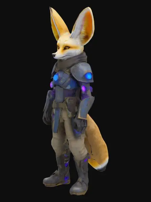 3D model for Anthropomorphic fennec fox, mid-40s, with sandy fur and large ears. Wears battle-worn magitech armor with glowing blue-violet interface panels and faint arcane circuit patterns. Armor is cracked, scorched, and crystal-lined; hints of blood on fur. Eyes sharp, expression dry and calculating. Subtle electric effects around him—ozone shimmer, blue sparks. Style is fantasy-sci-fi hybrid, game-ready. Not a front-line fighter—looks like a strategist or support mage. Include magical aura or shield shimmer. Optional: hazy magitech city or corrupted jungle ruins in background.