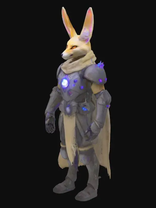 3D model for Anthropomorphic fennec fox, mid-40s, with sandy fur and large ears. Wears battle-worn magitech armor with glowing blue-violet interface panels and faint arcane circuit patterns. Armor is cracked, scorched, and crystal-lined; hints of blood on fur. Eyes sharp, expression dry and calculating. Subtle electric effects around him—ozone shimmer, blue sparks. Style is fantasy-sci-fi hybrid, game-ready. Not a front-line fighter—looks like a strategist or support mage. Include magical aura or shield shimmer. Optional: hazy magitech city or corrupted jungle ruins in background.