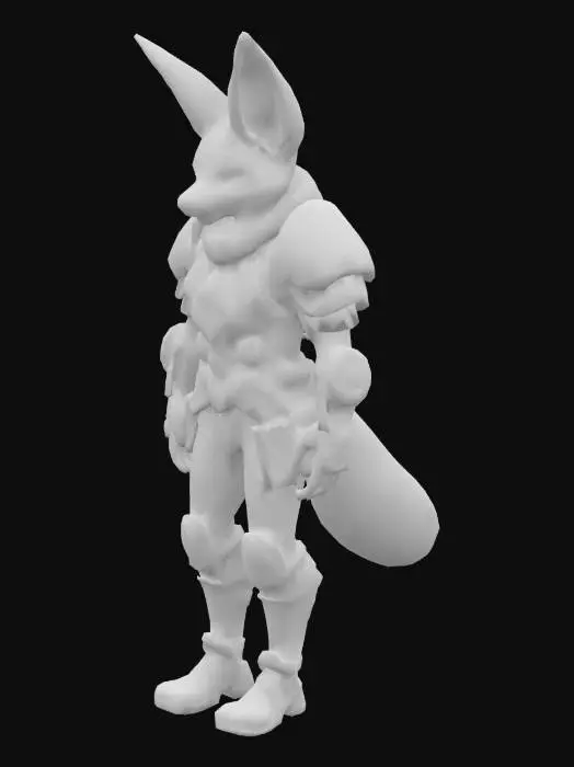 3D model for Anthropomorphic fennec fox, mid-40s, with sandy fur and large ears. Wears battle-worn magitech armor with glowing blue-violet interface panels and faint arcane circuit patterns. Armor is cracked, scorched, and crystal-lined; hints of blood on fur. Eyes sharp, expression dry and calculating. Subtle electric effects around him—ozone shimmer, blue sparks. Style is fantasy-sci-fi hybrid, game-ready. Not a front-line fighter—looks like a strategist or support mage. Include magical aura or shield shimmer. Optional: hazy magitech city or corrupted jungle ruins in background.