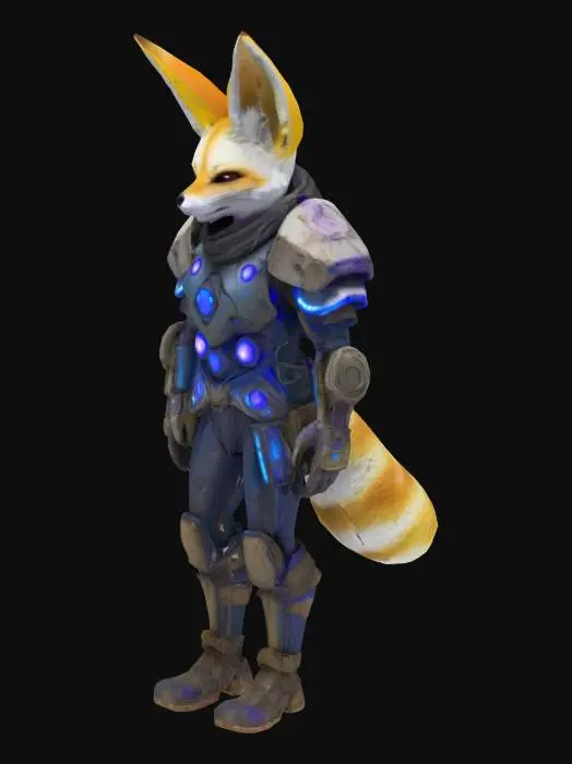 3D model for Anthropomorphic fennec fox, mid-40s, with sandy fur and large ears. Wears battle-worn magitech armor with glowing blue-violet interface panels and faint arcane circuit patterns. Armor is cracked, scorched, and crystal-lined; hints of blood on fur. Eyes sharp, expression dry and calculating. Subtle electric effects around him—ozone shimmer, blue sparks. Style is fantasy-sci-fi hybrid, game-ready. Not a front-line fighter—looks like a strategist or support mage. Include magical aura or shield shimmer. Optional: hazy magitech city or corrupted jungle ruins in background.